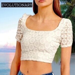 EVOLUTIONARY Short Ruched Sleeve Scoop Neck Sheer Back Lace Covered Crop Top NWT